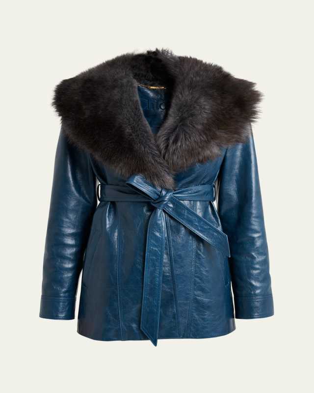 Lamb Shearling Collar Shiny Leather Short Wrap Coat